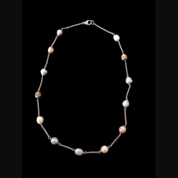 925 Sterling SIlver Multi Colored Natural Pearl 8.7mm 18" Long Necklace - Picture 1 of 6